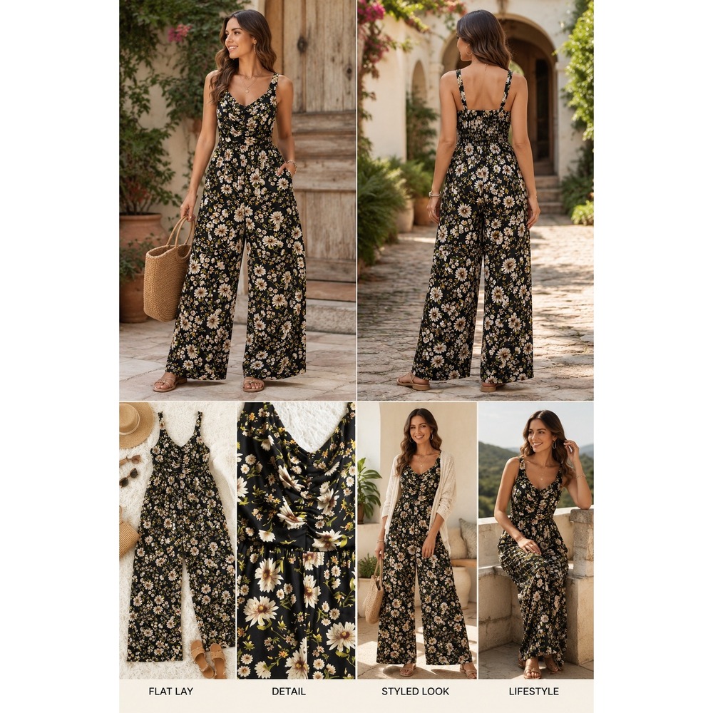 Live to be Spoiled Floral Wide Leg Jumpsuit Black Daisy Ruched XL